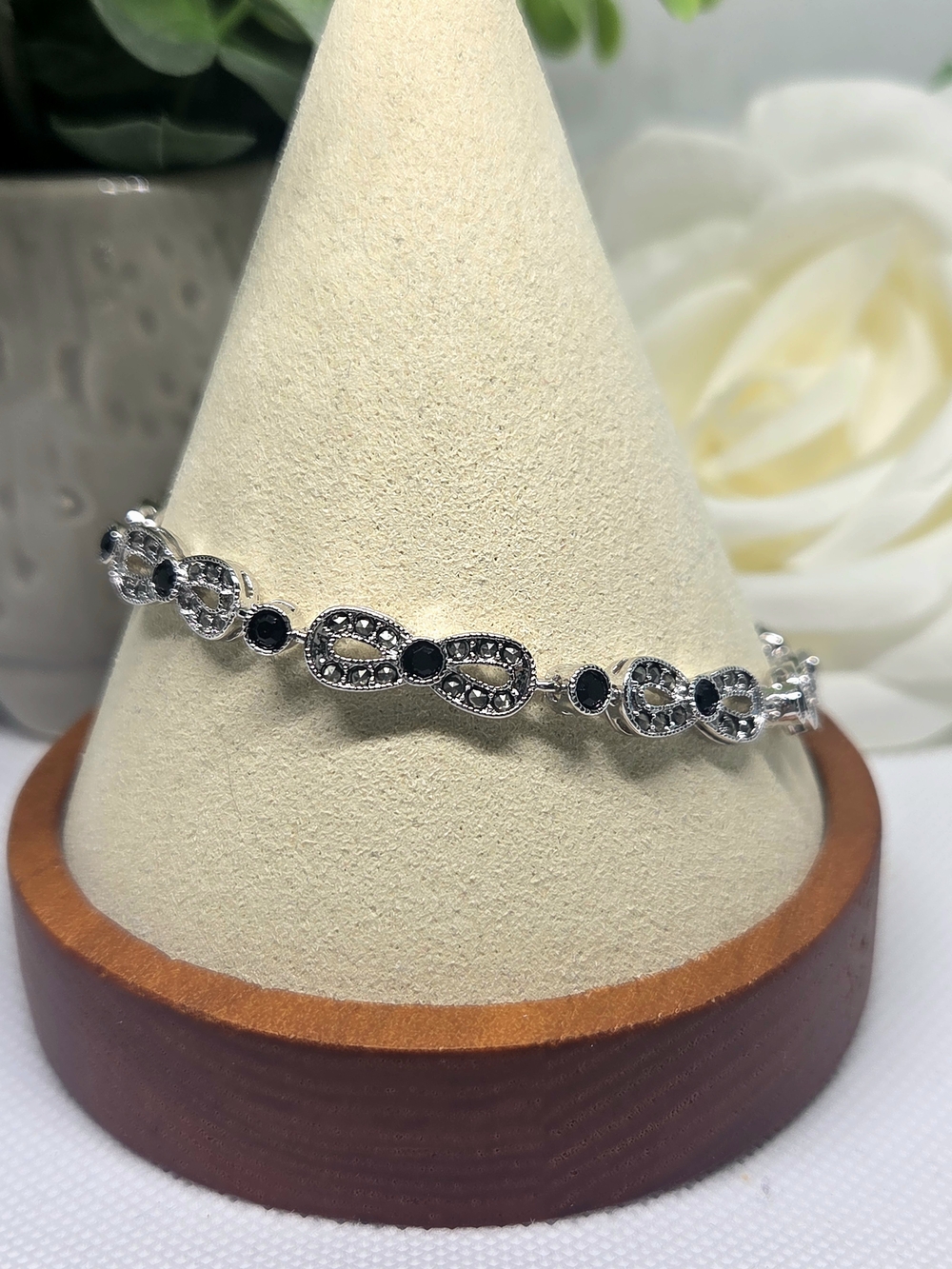 Sterling Silver Black Marcasite Infinity Bracelet